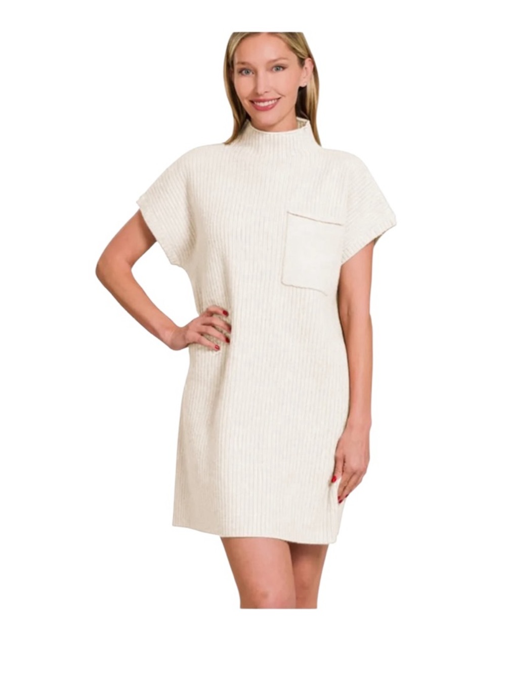 Zenana knit Dress Mock Neck Short Sleeve Mini ivory pocket